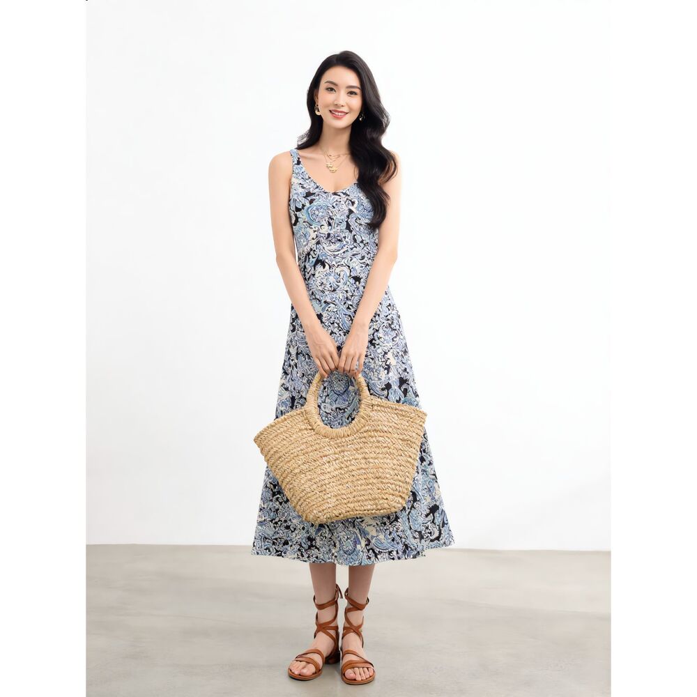 Cynthia Rowley Maxi Dress Blue Paisley Print V-Neck A-Line Sz S